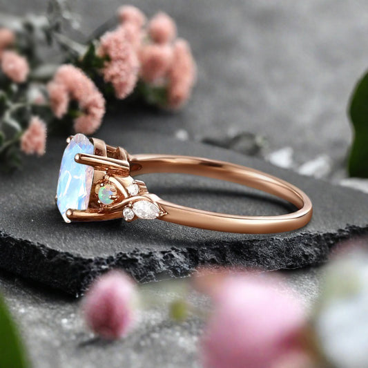 Vintage Oval Mondstein Verlobungsring Unikat Opal Moissanit Versprechensring