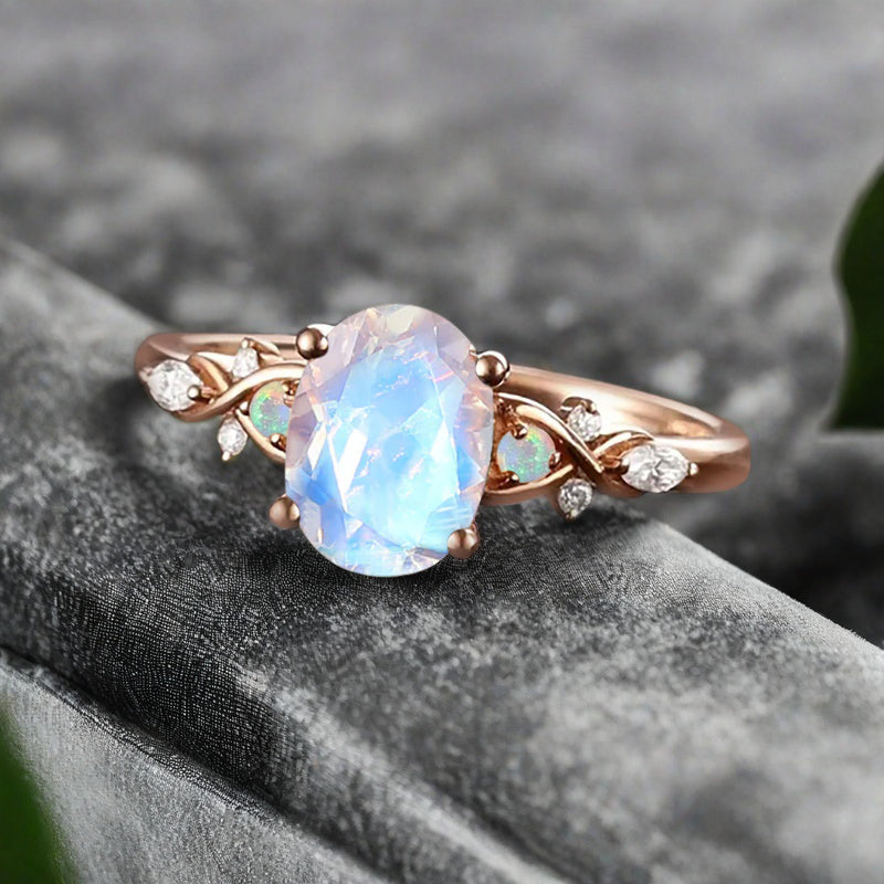 Vintage Oval Mondstein Verlobungsring Unikat Opal Moissanit Versprechensring
