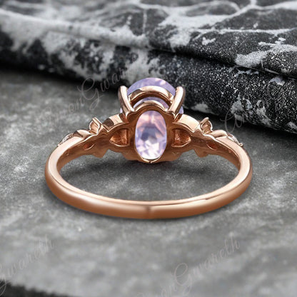 Bague de fiançailles vintage ovale en pierre de lune, bague de promesse unique en opale et moissanite