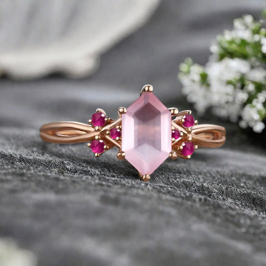 Vintage Hexagon Cut Pink Sapphire Gemstone Engagement Ring Pink Sapphire Wedding Promise Ring