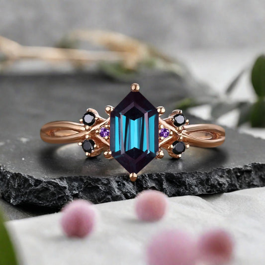 Vintage Hexagon Cut Alexandrite Gemstone Engagement Ring Alexandrite Wedding Promise Ring