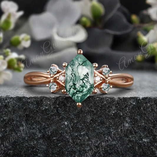 Vintage Hexagon Cut Moss Agate Engagement Ring Moissanite Wedding Ring