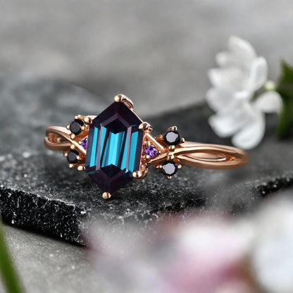 Vintage Hexagon Cut Alexandrite Gemstone Engagement Ring Alexandrite Wedding Promise Ring