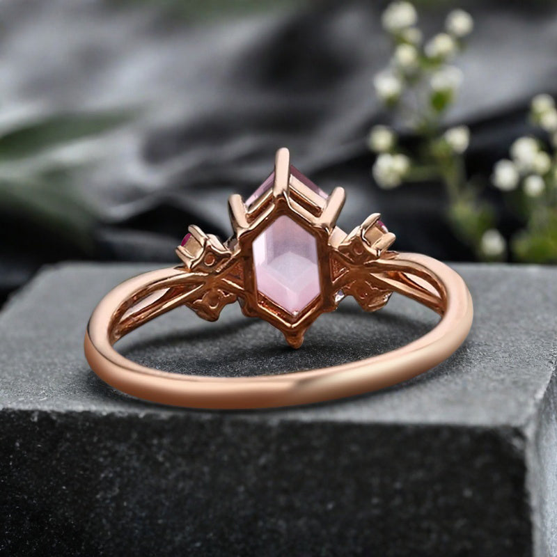 Vintage Hexagon Cut Pink Sapphire Gemstone Engagement Ring Pink Sapphire Wedding Promise Ring