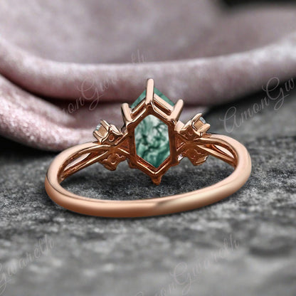 Vintage Hexagon Cut Moss Agate Engagement Ring Moissanite Wedding Ring