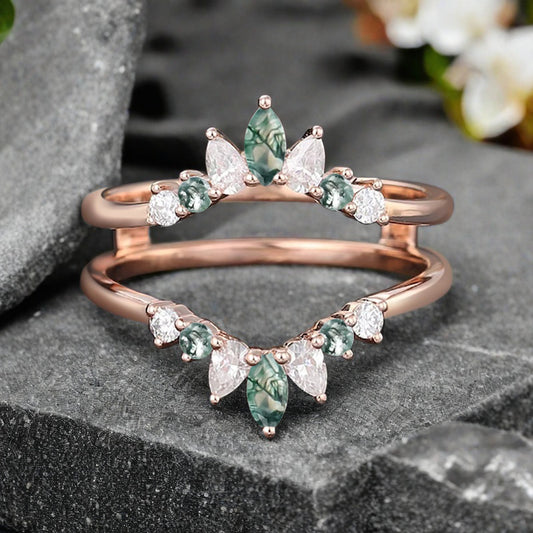 Antique Moss Agate Wedding Ring Curved Enhancer Moissanite Wedding Band Vintage Stacking Band Unique Matching Ring Promise Anniversary Gift For Her