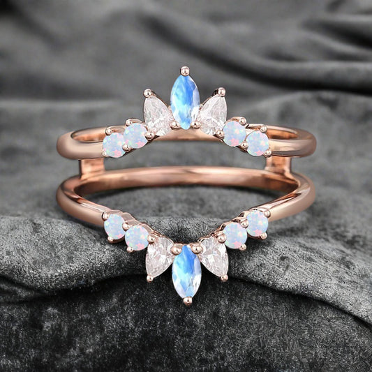 Antique Moonstone Wedding Ring Curved Enhancer Moonstone Wedding Band Vintage Stacking Band Unique Matching Ring Promise Anniversary Gift For Her