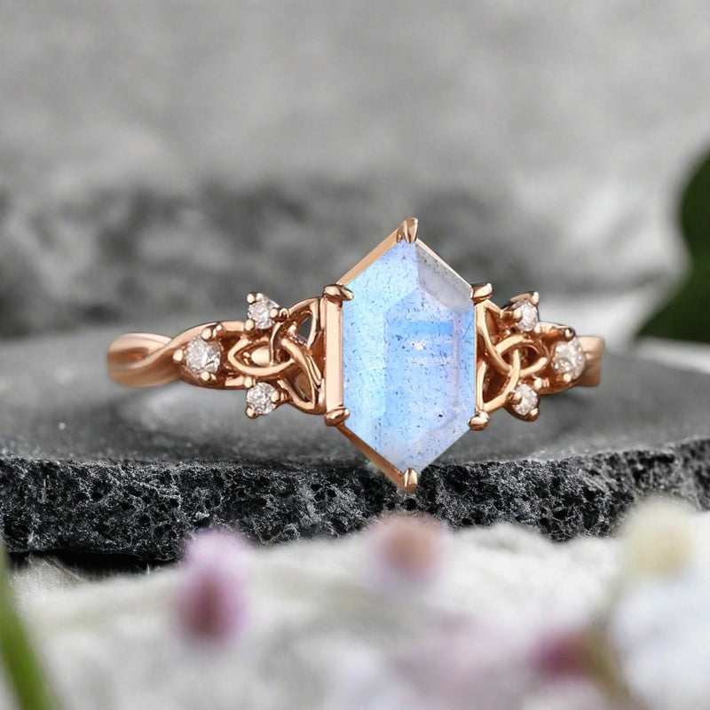 Art Deco Labradorite Engagement Ring Hexagon Cut Labradorite Bridal Ring