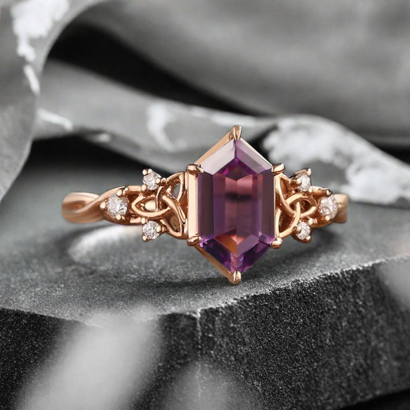 Art Deco Amethyst Engagement Ring Hexagon Cut Amethyst Bridal Ring