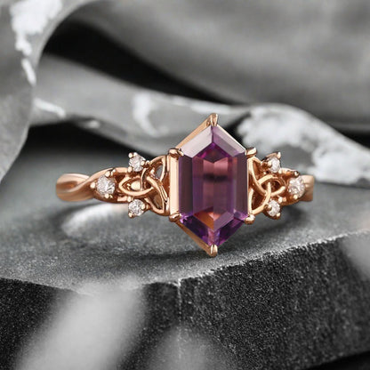Art Deco Amethyst Engagement Ring Hexagon Cut Amethyst Bridal Ring