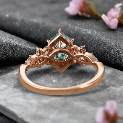 Art Deco Moss Agate Engagement Ring Hexagon Cut Moss Agate Bridal Ring