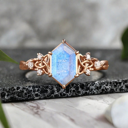 Art Deco Labradorite Engagement Ring Hexagon Cut Labradorite Bridal Ring