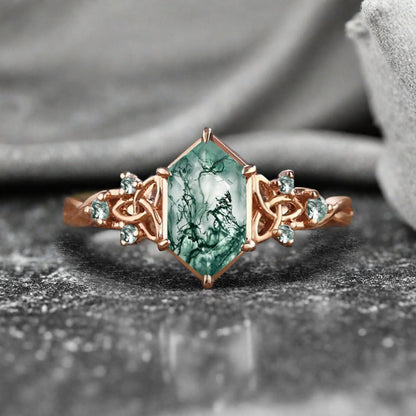 Art Deco Moss Agate Engagement Ring Hexagon Cut Moss Agate Bridal Ring