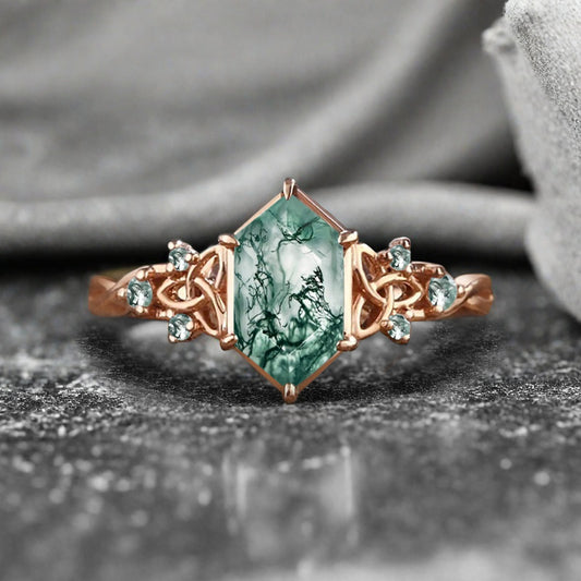 Art Deco Moss Agate Engagement Ring Hexagon Cut Moss Agate Bridal Ring