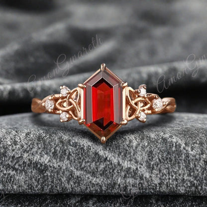 Art Deco Ruby Engagement Ring Hexagon Cut Ruby Bridal Ring