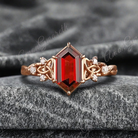 Art Deco Ruby Engagement Ring Hexagon Cut Ruby Bridal Ring