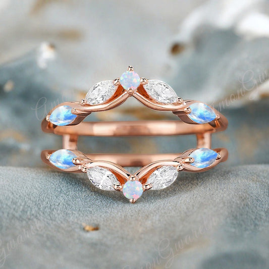 Moonstone Wedding Ring Curved Enhancer Moonstone Wedding Band Vintage Stacking Band Unique Promise Anniversary Gift For Her