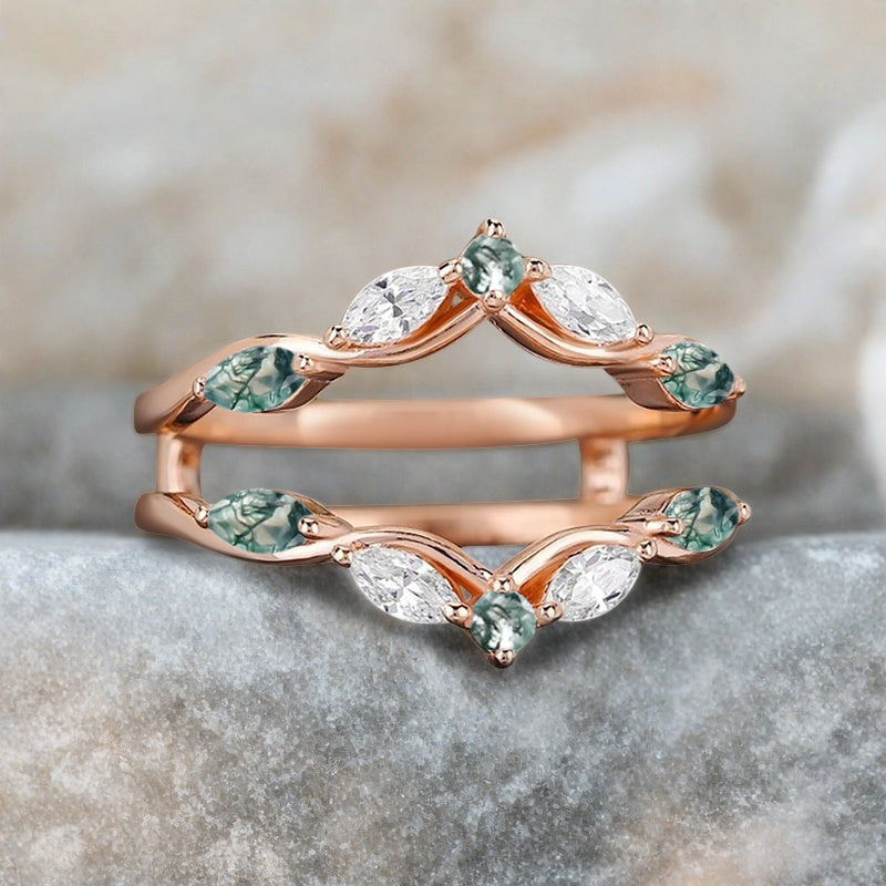 Moss Agate Wedding Ring Curved Enhancer Moissanite Wedding Band Vintage Stacking Band Unique Promise Anniversary Gift For Her