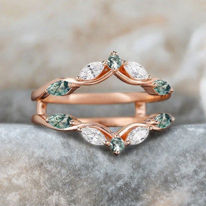 Moss Agate Wedding Ring Curved Enhancer Moissanite Wedding Band Vintage Stacking Band Unique Promise Anniversary Gift For Her