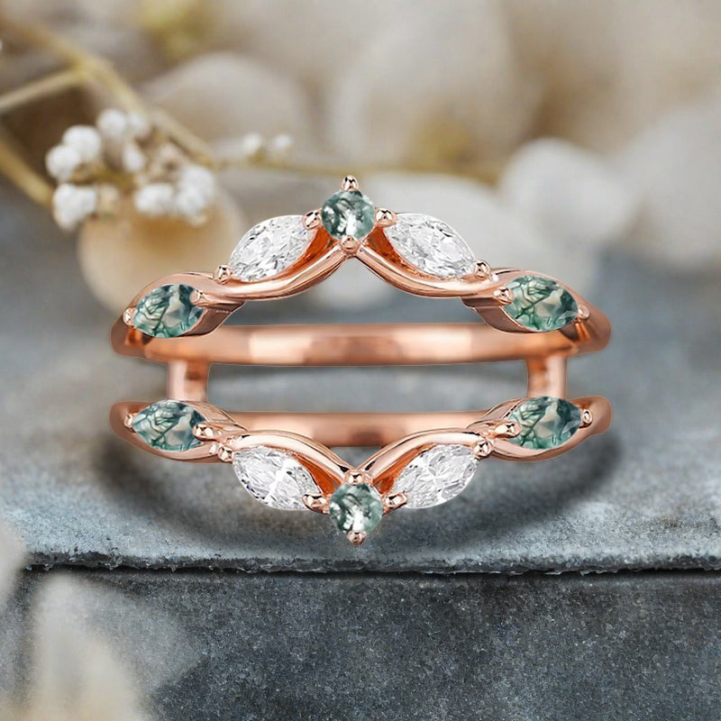 Moss Agate Wedding Ring Curved Enhancer Moissanite Wedding Band Vintage Stacking Band Unique Promise Anniversary Gift For Her