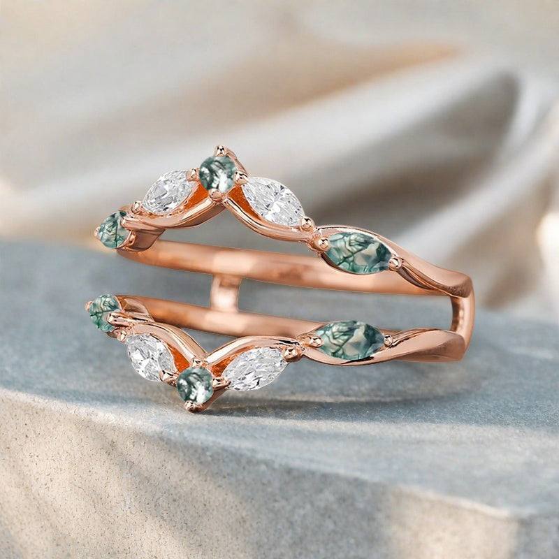 Moss Agate Wedding Ring Curved Enhancer Moissanite Wedding Band Vintage Stacking Band Unique Promise Anniversary Gift For Her