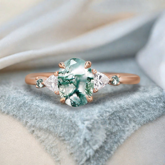 Vintage Oval Shape Moss Agate Engagement Ring Set Unique Moss Agate Gemstone Promise Bridal Ring