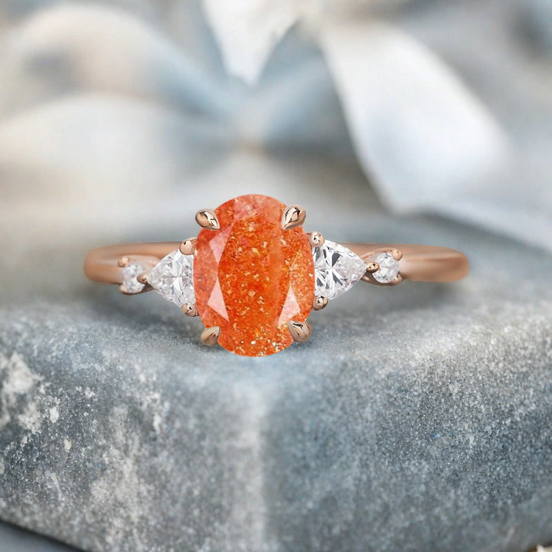 Vintage Oval Shape Sunstone Engagement Ring Set Unique Sunstone Promise Bridal Ring