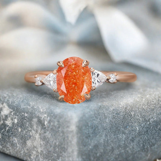 Vintage Oval Shape Sunstone Engagement Ring Set Unique Sunstone Promise Bridal Ring