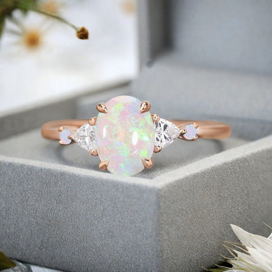 Vintage Oval Shape Opal Engagement Ring Set Unique Opal Gemstone Promise Bridal Ring