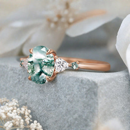 Vintage Oval Shape Moss Agate Engagement Ring Set Unique Moss Agate Gemstone Promise Bridal Ring