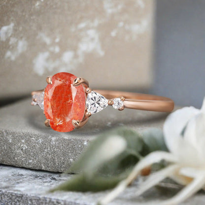 Vintage Oval Shape Sunstone Engagement Ring Set Unique Sunstone Promise Bridal Ring