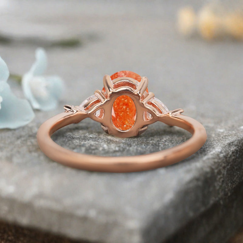 Vintage Oval Shape Sunstone Engagement Ring Set Unique Sunstone Promise Bridal Ring