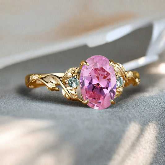 Vintage Oval Shape Pink Sapphire Engagement Ring Set Unique Pink Sapphire Gemstone Promise Bridal Ring Set Anniversary Gift