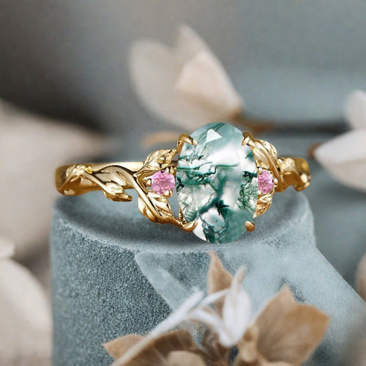 Vintage Oval Shape Moss Agate Engagement Ring Set Unique Pink Sapphire Gemstone Promise Bridal Ring Set Anniversary Gift