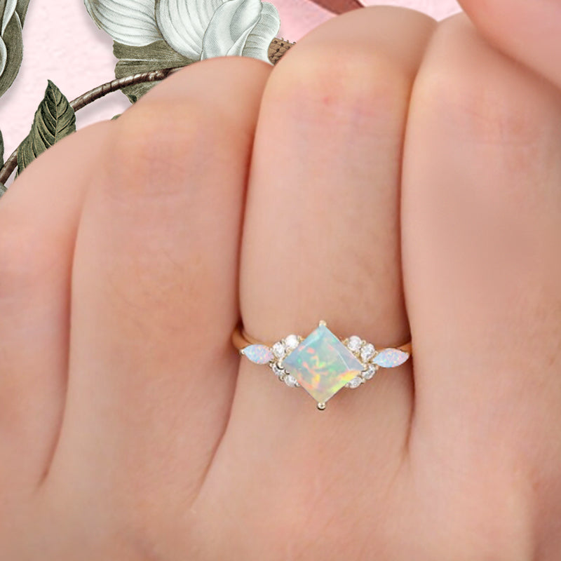 Vintage Princess Cut Ring, Opal Engagement Ring, September Birthstone Sterling Silver Ring, Handmade 18K Gold Art Deco Promise Ring