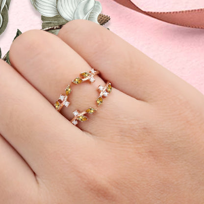 Marquise cut Citrine wedding band Unique Rose gold enhancer band vintage citrine double band Open wedding band leaf ring Anniversary