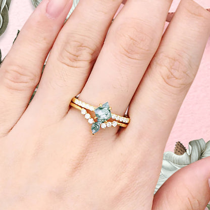 Vintage Kite Cut moss agate engagement ring set Rose gold Stackable ring unique bridal wedding ring set gift
