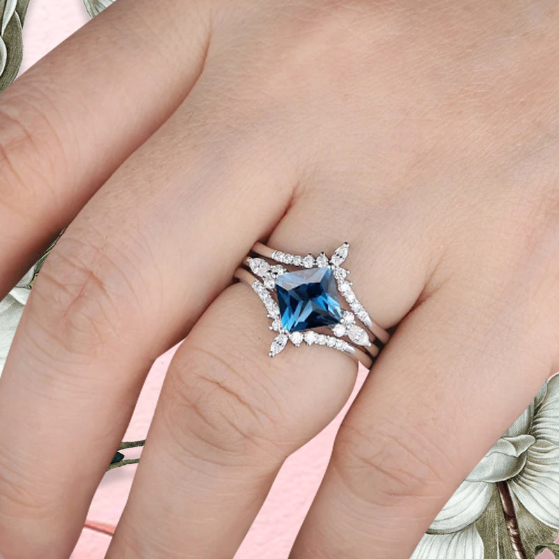 Blue Topaz engagement ring set nature inspired engagement ring Unique Rose gold princess cut ring wedding bridal promise