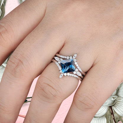 Blue Topaz engagement ring set nature inspired engagement ring Unique Rose gold princess cut ring wedding bridal promise