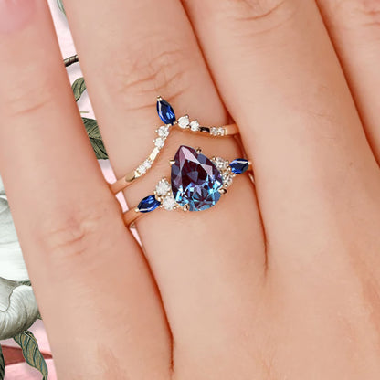 6*8mm Pear shaped Alexandrite engagement ring set engagement ring Solid 14K Moissanite Gemstone vintage Bridal anniversary gift for women