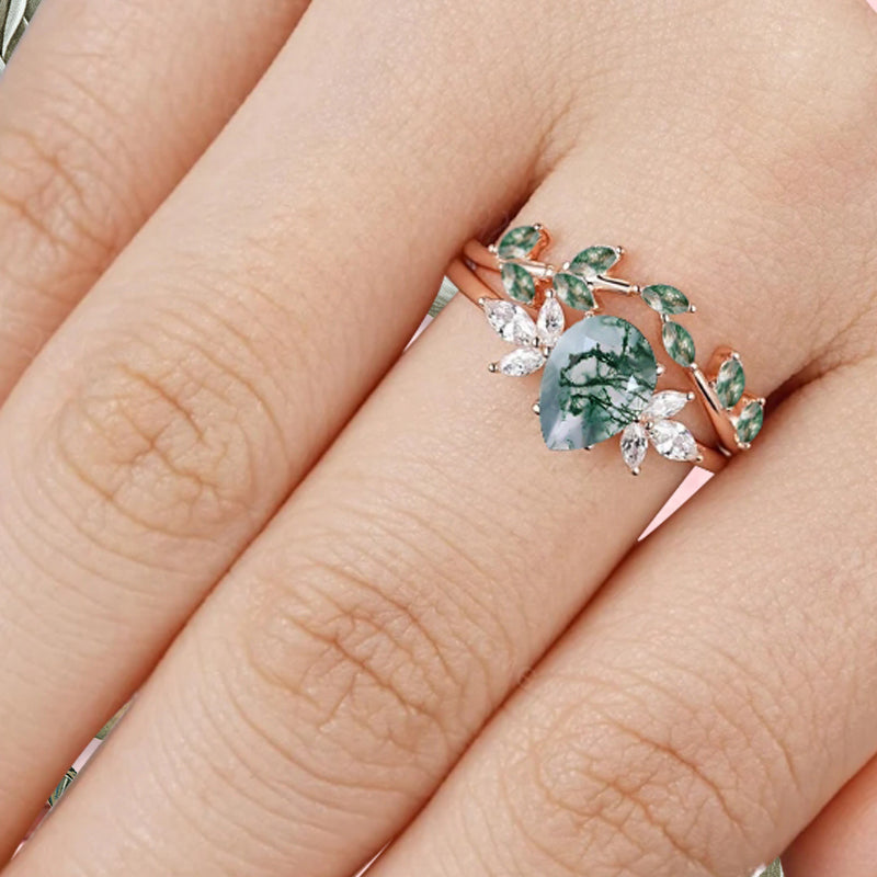 Vintage Birnenform Aquamarin Verlobungsring Set Unikat Versprechen Brautring Set Jubiläumsgeschenk