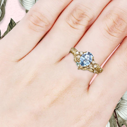 Vintage Oval Shape Aquamarine Engagement Ring Set Unique Aquamarine Gemstone Promise Bridal Ring Set Anniversary Gift
