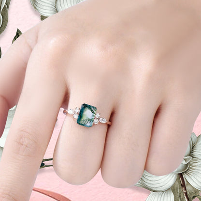 Lab Moss Agate Engagement Ring Emerald Cut Vintage Rose Gold Moss Agate Cluster Ring Bridal Promise Ring