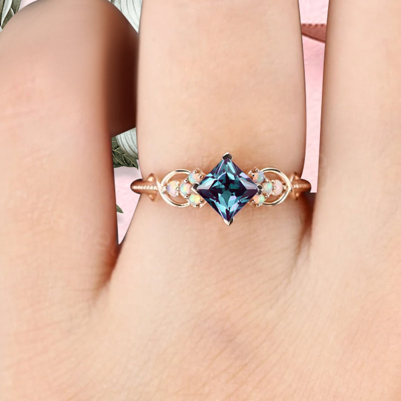 Princess Cut alexandrite engagement ring Rose gold alexandrite wedding ring Dainty diamond bridal ring Twist promise ring Marriage ring Anniversary ring