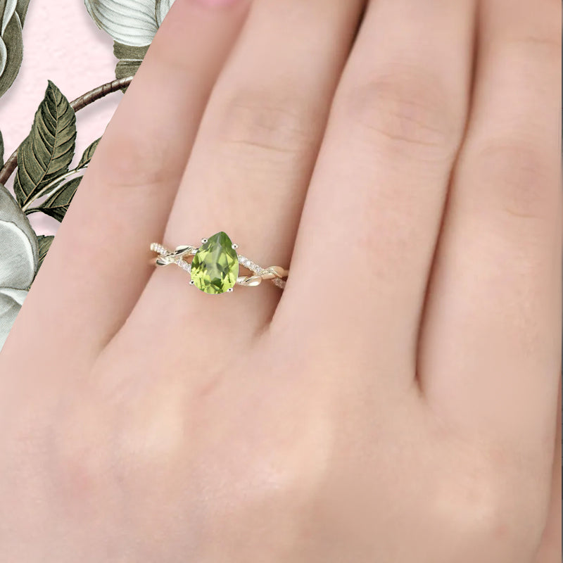 Vintage Unique Peridot Ring 14K Solid Gold Pear Cut Green Gemstone Engagement Ring Moissanite Promise Ring Anniversary Gift For Women