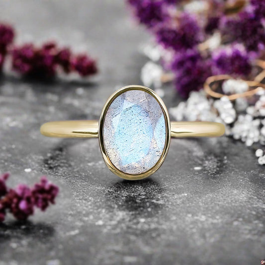 Bague de fiançailles vintage ovale en pierre de lune, bague de promesse unique en opale et moissanite