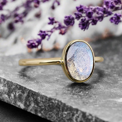 Unique Vintage Oval Cut Natural Labradorite Ring Solitaire Engagement Ring Art Deco Labradorite Ring Handmade Rose Gold Bridal Promise Ring