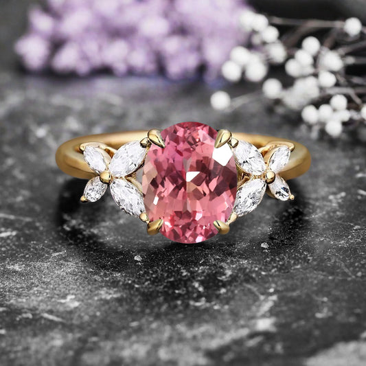 Vintage Oval Pink Sapphire Engagement Ring Unique Oval Pink Sapphire Moissanite Sidestones Promise Ring