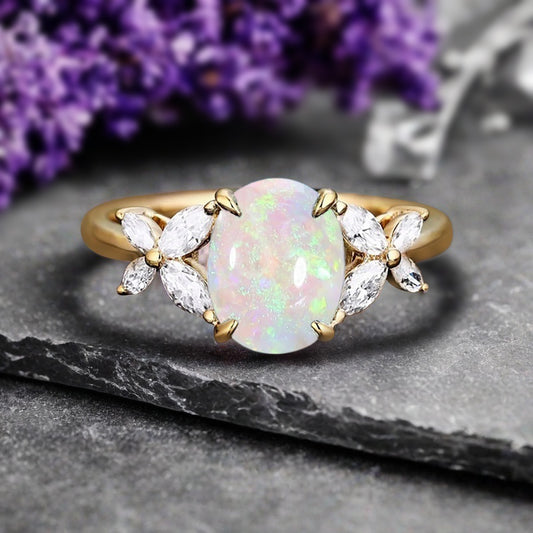 Vintage Oval Opal Engagement Ring Unique Oval Opal Gemstone Promise Ring