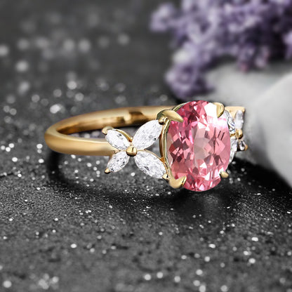 Vintage Oval Pink Sapphire Engagement Ring Unique Oval Pink Sapphire Moissanite Sidestones Promise Ring